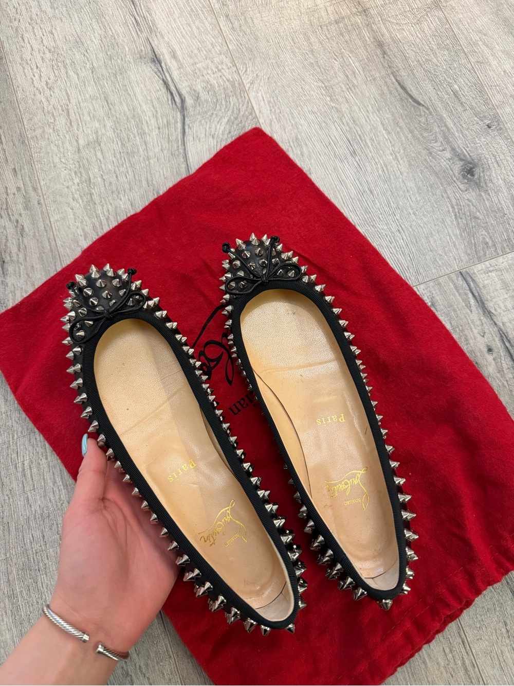 Christian Louboutin Black Studded Pointed Ballet Flats